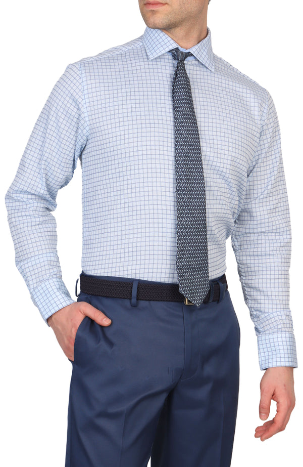 Blue Dobby Plaid Dress Shirt