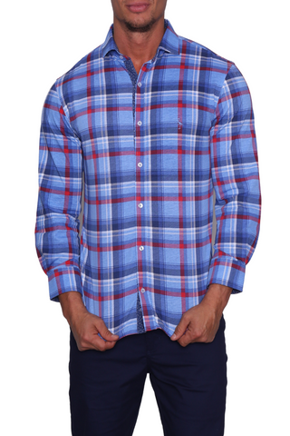 Blue & Red Plaid Long Sleeve Cotton Knit 'Weekend' Shirt
