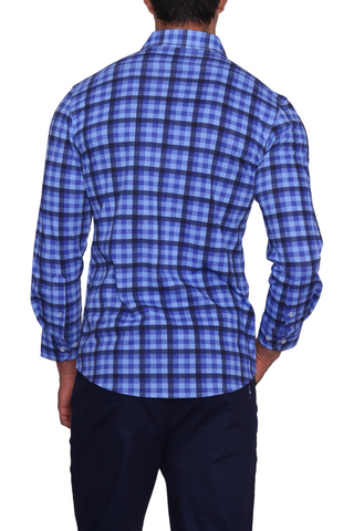 Blue Plaid Long Sleeve Cotton Knit 'Weekend' Shirt