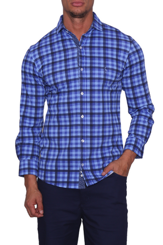 Blue Plaid Long Sleeve Cotton Knit 'Weekend' Shirt