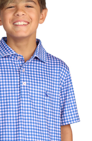 Boys Blue Gingham Print Performance Polo