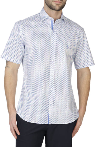 White Geo Floral Cotton Stretch Short Sleeve Shirt