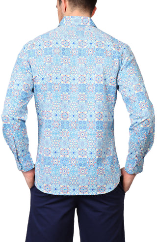 Mediterranean Mosaic Print Long Sleeve Sport Shirt