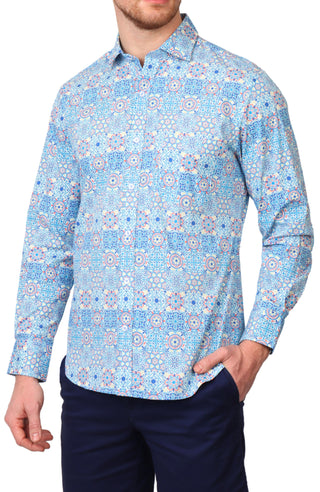 Mediterranean Mosaic Print Long Sleeve Sport Shirt