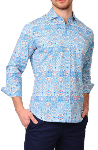 Mediterranean Mosaic Print Long Sleeve Sport Shirt