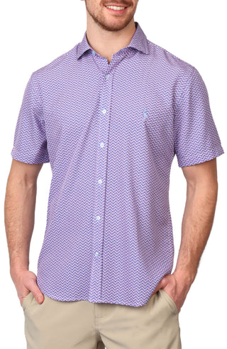 Blue Grid Print Performance Short Sleeve Shirt