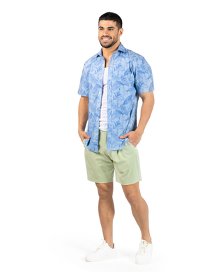 Tropical Leaves Printed Seersucker Short Sleeve Shirt