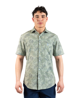 Tropical Leaves Printed Seersucker Short Sleeve Shirt