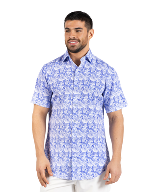 Distressed Hawaiian Leaves Printed Performance Short Sleeve Shirt