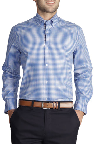 Blue Gingham Cotton Stretch Long Sleeve Shirt