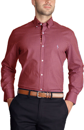 Coral Gingham Cotton Stretch Long Sleeve Shirt