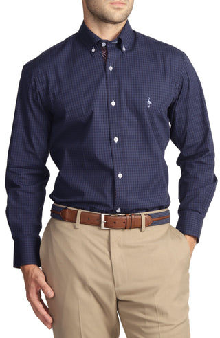 Navy Gingham Cotton Stretch Long Sleeve Shirt