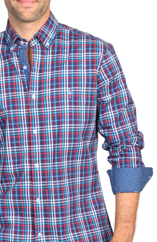 Navy Multi Gingham Cotton Stretch Long Sleeve Shirt