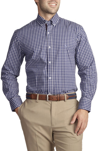 Navy Mini Windowpane Cotton Stretch Long Sleeve Shirt