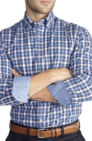 Blue Multi Gingham Cotton Stretch Long Sleeve Shirt