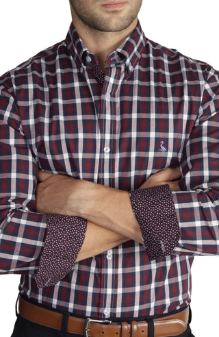 Burgundy Multi Gingham Cotton Stretch Long Sleeve Shirt
