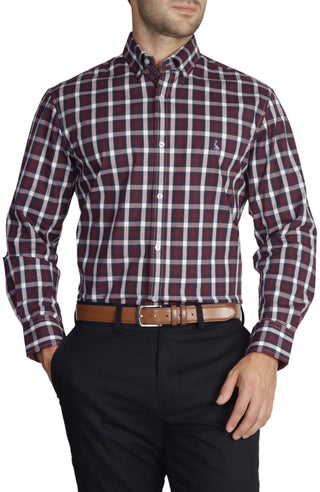 Burgundy Multi Gingham Cotton Stretch Long Sleeve Shirt