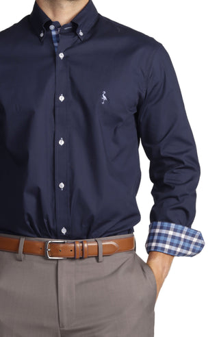 Navy Solid Cotton Stretch Long Sleeve Shirt