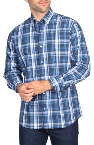 Navy Large Plaid Cotton Stretch Long Sleeve Shirt