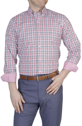 Red & Navy Gingham Cotton Stretch Long Sleeve Shirt