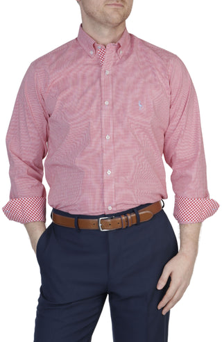 Red Mini Gingham Cotton Stretch Long Sleeve Shirt