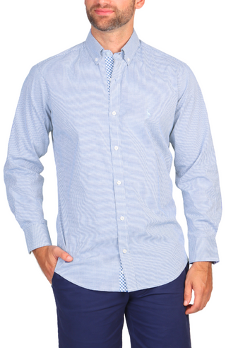 Sky Blue Mini Gingham Cotton Stretch Long Sleeve Shirt