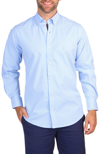 Sky Blue Gingham Cotton Stretch Long Sleeve Shirt