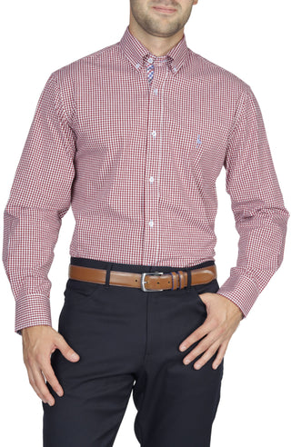 Red Mini Gingham Cotton Stretch Long Sleeve Shirt (Extended Sizes Available 2X-6X)