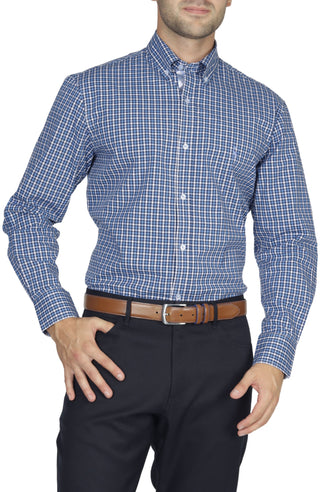 Blue Multi Mini Gingham Cotton Stretch Long Sleeve Shirt