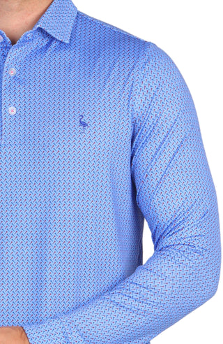 Blue Golf Tee Print Long Sleeve Performance Polo