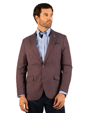A man wearing a brown and red checkered blazer over a light blue dress shirt and navy trousers, photographed against a solid white background.