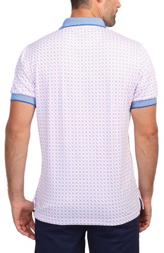 White Multi Geo Ribbed Collar Performance Polo