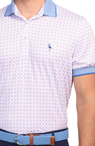 White Multi Geo Ribbed Collar Performance Polo