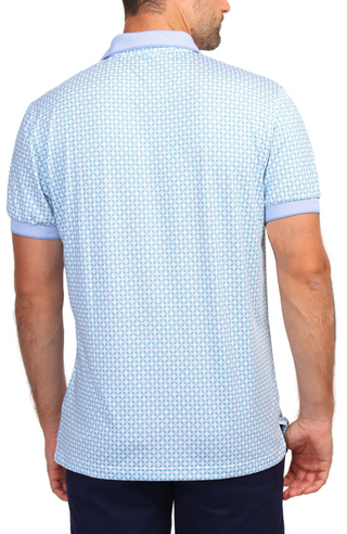 Blue Floral Geo Print Ribbed Collar Performance Polo