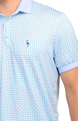 Blue Floral Geo Print Ribbed Collar Performance Polo