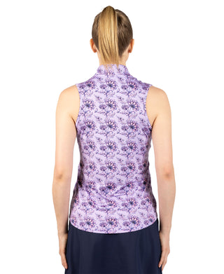 Womens Floral Printed Sleeveless Quarter Zip Polo
