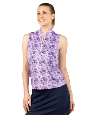Womens Floral Sleeveless Quarter Zip Polo