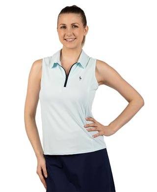 Womens Textured Grid Sleeveless Quarter Zip Polo