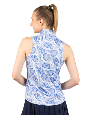 Womens Leaves Printed Sleeveless Quarter Zip Polo