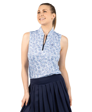 Womens Paint Dots Printed Sleeveless Quarter Zip Polo