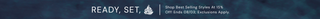 A dark blue banner with white text reading 'READY, SET, ' and a small sailboat icon, plus smaller text 'Show Best Selling Styles at 10% Off Lindsell's Seasonal Apply.'.