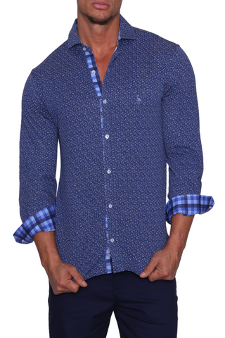 Navy Mini Geo Long Sleeve Cotton Knit 'Weekend' Shirt