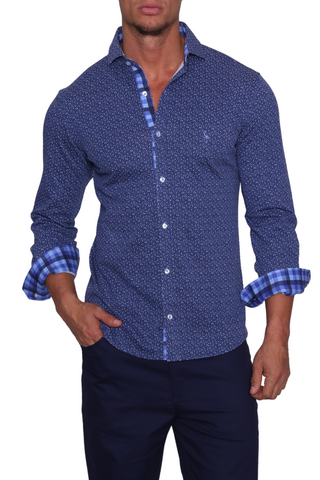 Navy Mini Geo Long Sleeve Cotton Knit 'Weekend' Shirt
