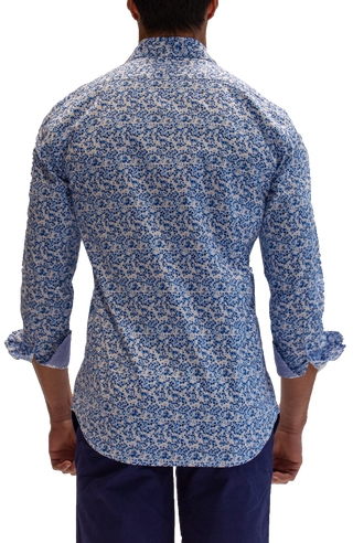 Extended Sizes (2X-4X): Blue Floral Cotton Stretch Long Sleeve Shirt