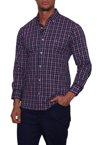 Extended Sizes (2X-4X): Navy Plaid Long Sleeve Cotton Stretch Shirt