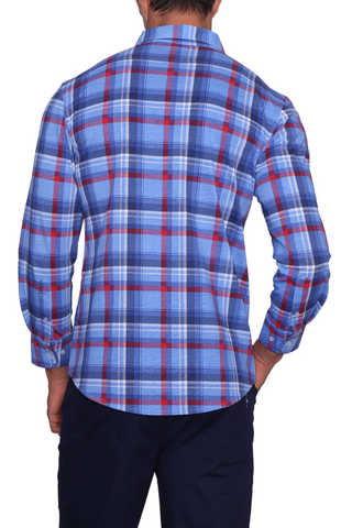 Blue & Red Plaid Long Sleeve Cotton Knit 'Weekend' Shirt