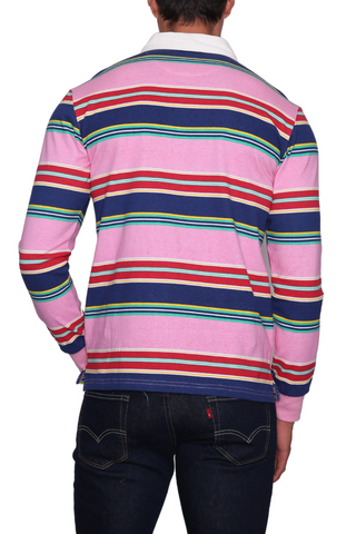 Pink & Navy Retro Striped Rugby Long Sleeve Polo