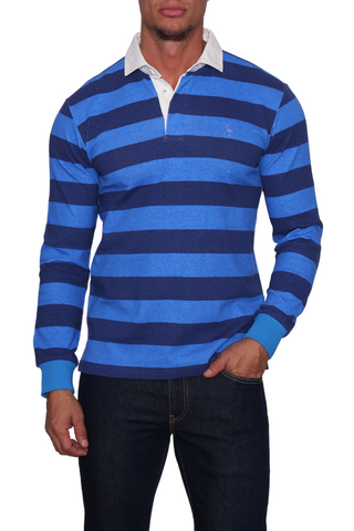 Royal & Navy Retro Striped Rugby Long Sleeve Polo