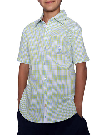 Boys Two-Tone Micro Gingham Cotton Stretch Short Sleeve Shirt